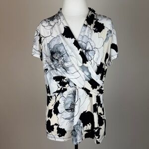 DKNY Floral Short Sleeve Faux Wrap Surplice Blouse Black/White/Gray Womens XL